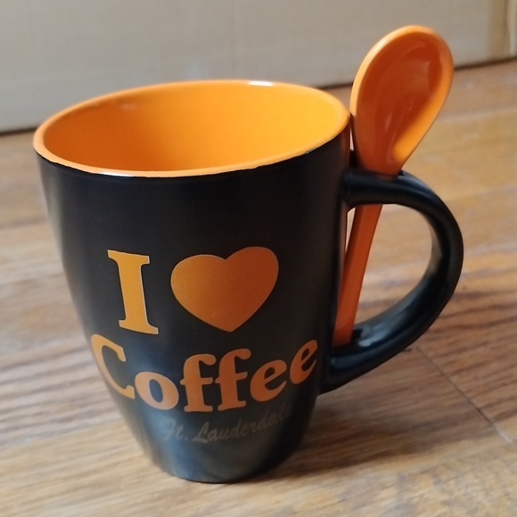 Coffee Mug / Cup with Spoon says I 💕 Coffee Ft. Lauderdale Orange & Black - Picture 1 of 8